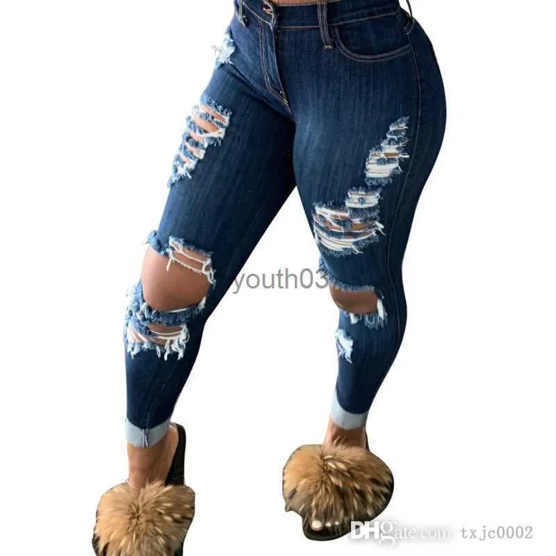 Women's Jeans Jeans For Fashion Broken Hole Washed Denim Leggings Long Spring Trousers Plus Size 240304