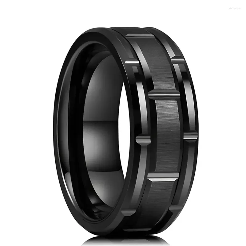 Anillos de boda Moda 8 mm Patrón de ladrillo Acero inoxidable para hombres Negro Cepillado Doble Ranura Compromiso Banda Joyería