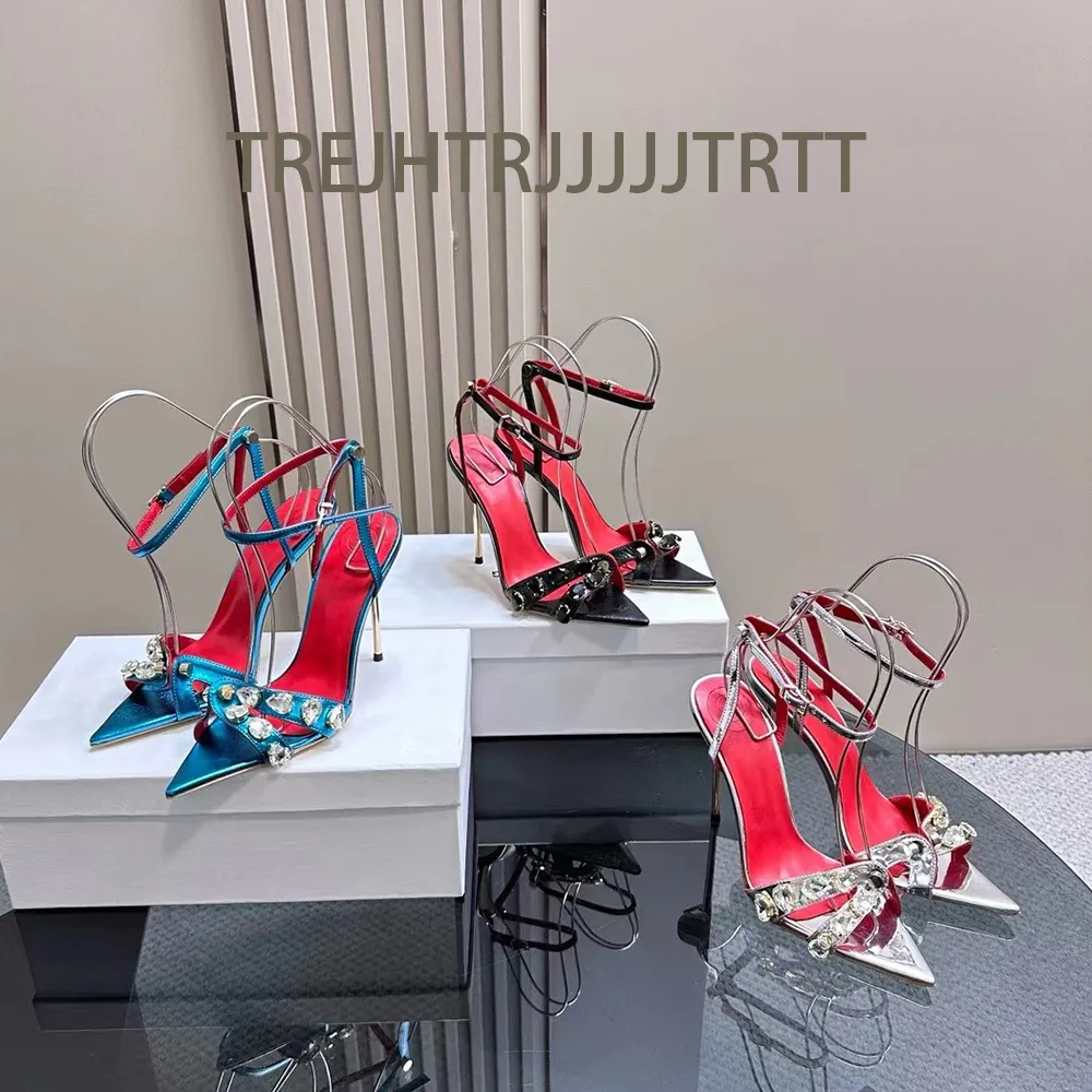 جلود كاحل الحزام Stiletto Sandals Rhinestone مدببة إصبع القدم مكشوف إصبع المصارع مضخات أحذية مسائية للحفلات المسائية.