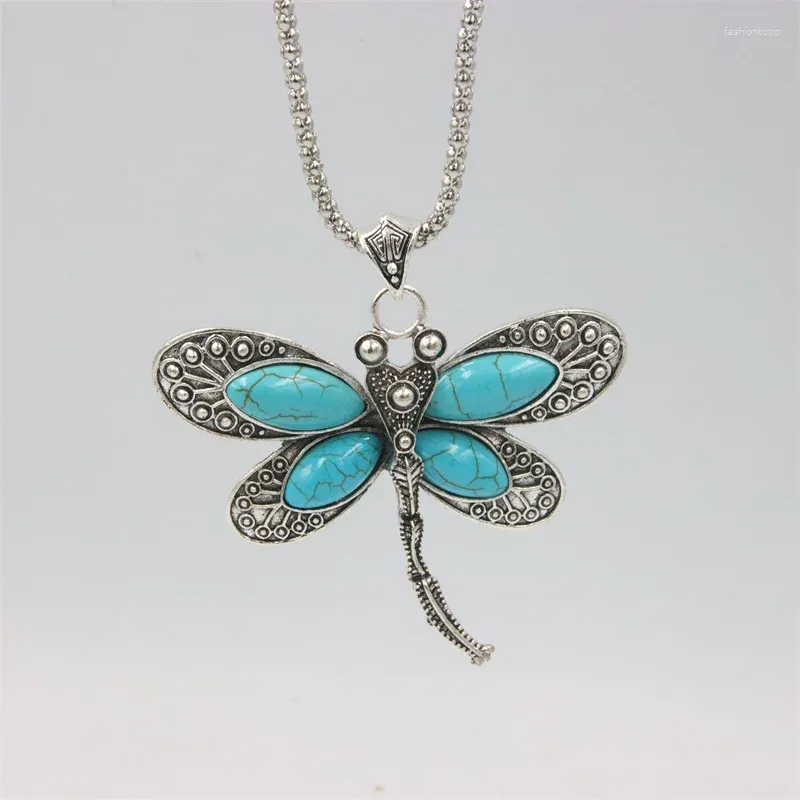 Pendant Necklaces ZFSILVER Fashion Retro Ethnic Tibetan Sliver Plated Synthetic Turquoise Dragonfly Necklace For Women Bohemian Jewelry