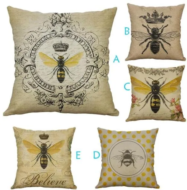 Taie d'oreiller carrée en coton et lin, Style européen rétro, petite abeille, housse de coussin, voiture, canapé, décoration de maison, coussin décoratif 4311662