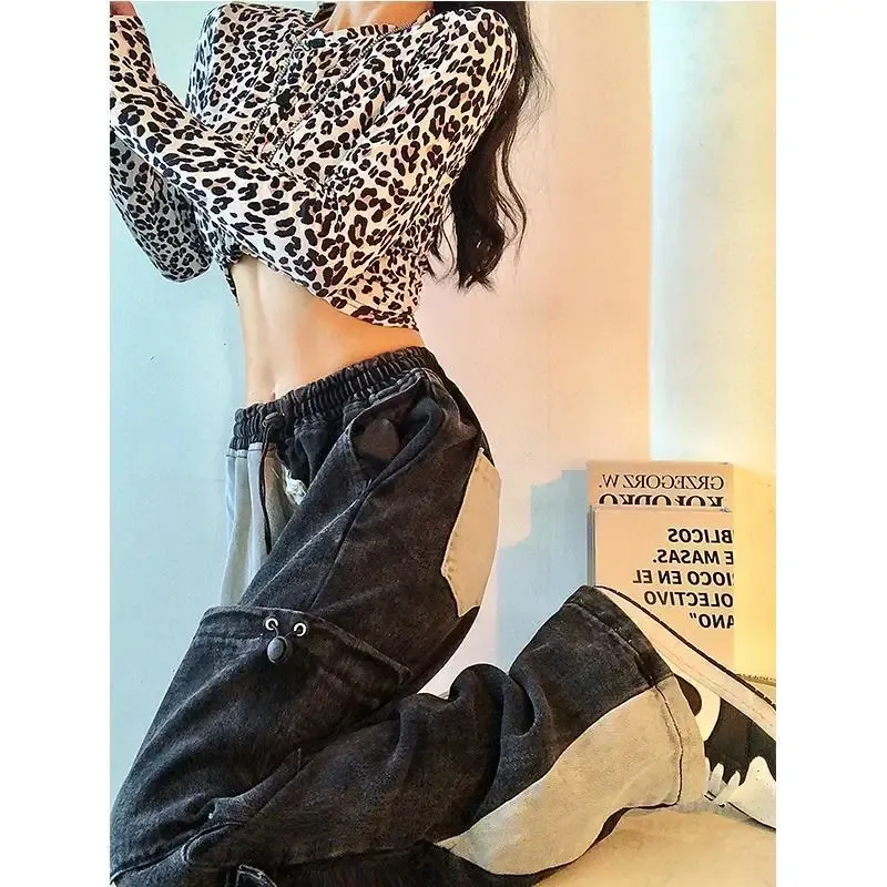 Calças europeias e de rua Design Sense Feminino Nicho Spice Girl American Macacão Solto Esfregar Jeans de cintura alta