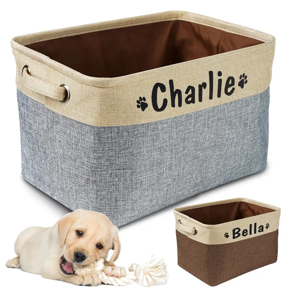 Personalized Pet Dog Toy Storage Basket Canvas Bag Foldable Toys Linen Box Bins Accessories Supplies 240220