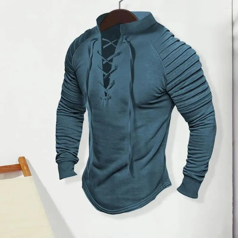 Herren-T-Shirts, gerüschtes Oberteil, lange Ärmel, einfarbig, Vintage-Stil, Stehkragen, Schnürpullover mit Plissee für Freizeit