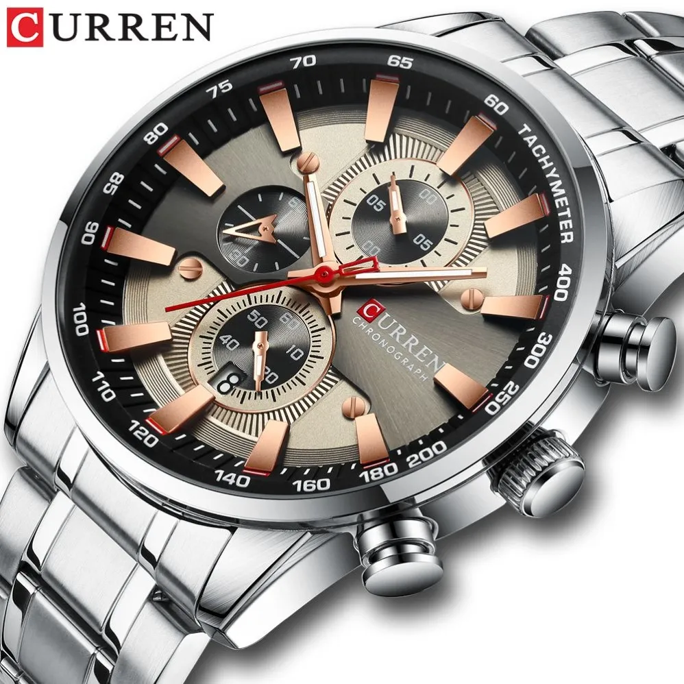 CURREN Watch Men's Wristwatch with Stainless Steel Band Fashion Quartz Clock Chronograph Luminous pointers Unique Sports Watc240u