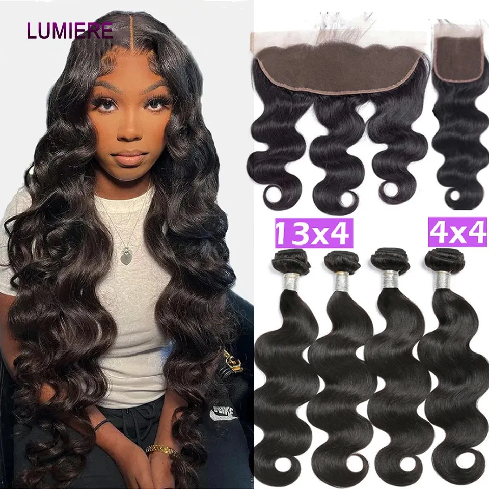 28 32 40 inch Body Wave menselijk haarbundels met sluiting frontale Peruaanse Remy 100% 240229