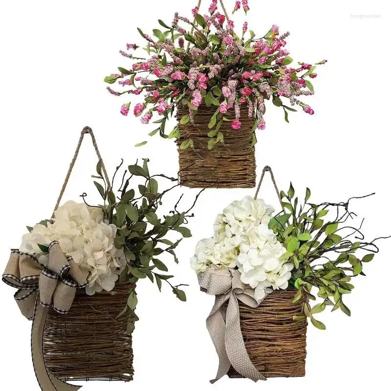 Guirnalda de flores decorativas para puerta delantera, cesta Artificial de hortensia realista de 17,7 pulgadas, decoración colgante de adornos de flores silvestres