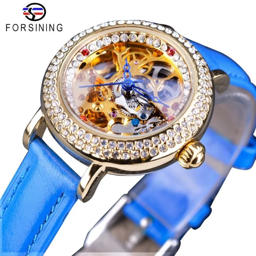 Forsining Mode Bleu Dame Diamant Or Fleur Mouvement Transparent Petite Dame Femmes Mécanique Squelette Montre Top Marque De Luxe2637