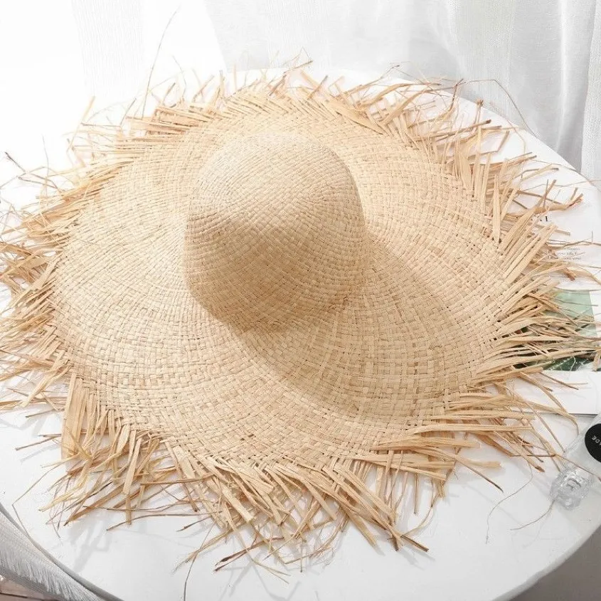 Terra artesanal Teave 100% Raffia Sun Hats for Women 15 cm Large largo de palha de palha ao ar livre Capacias de verão Caps Chapeu feminino y20071256b