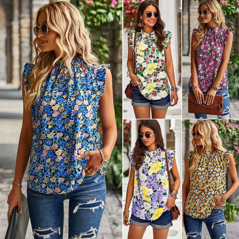 DIYUN utvecklade oberoende Instagram Women's Loose Casual Top, ärmlös blommig skjorta för våren/sommaren 2024