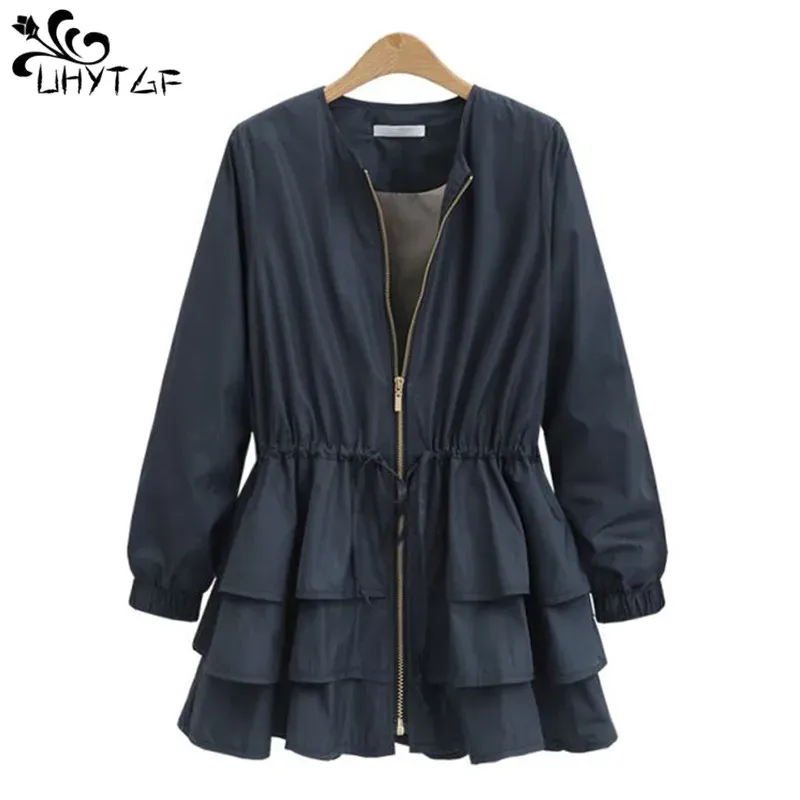 Trench UHYTGF Spring Autumn New Women Clothes Trench Coat For Women Fashion Skirt Loose Size Slim Ruffle Windbreaker Coat Loose Top 115