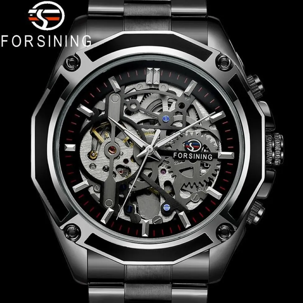 Forsining Automatic Mechanical Men Wristwatch Military Sport Clock Top Brand Luxury Black Steel Skeleton New Man Watch 8130 Y287J