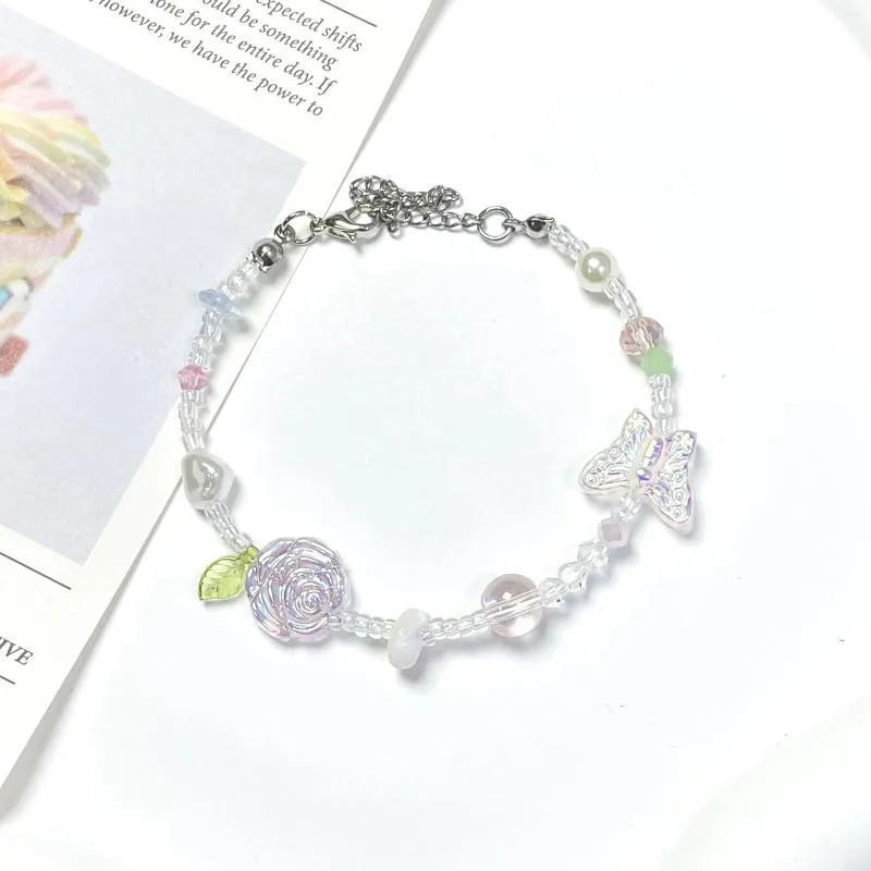 Link Bracelets Pink Rose Bracelet Handmade Fairy Core Gift For Her Glass Butterfly Charm Y2K Fashion Female Jewelry
