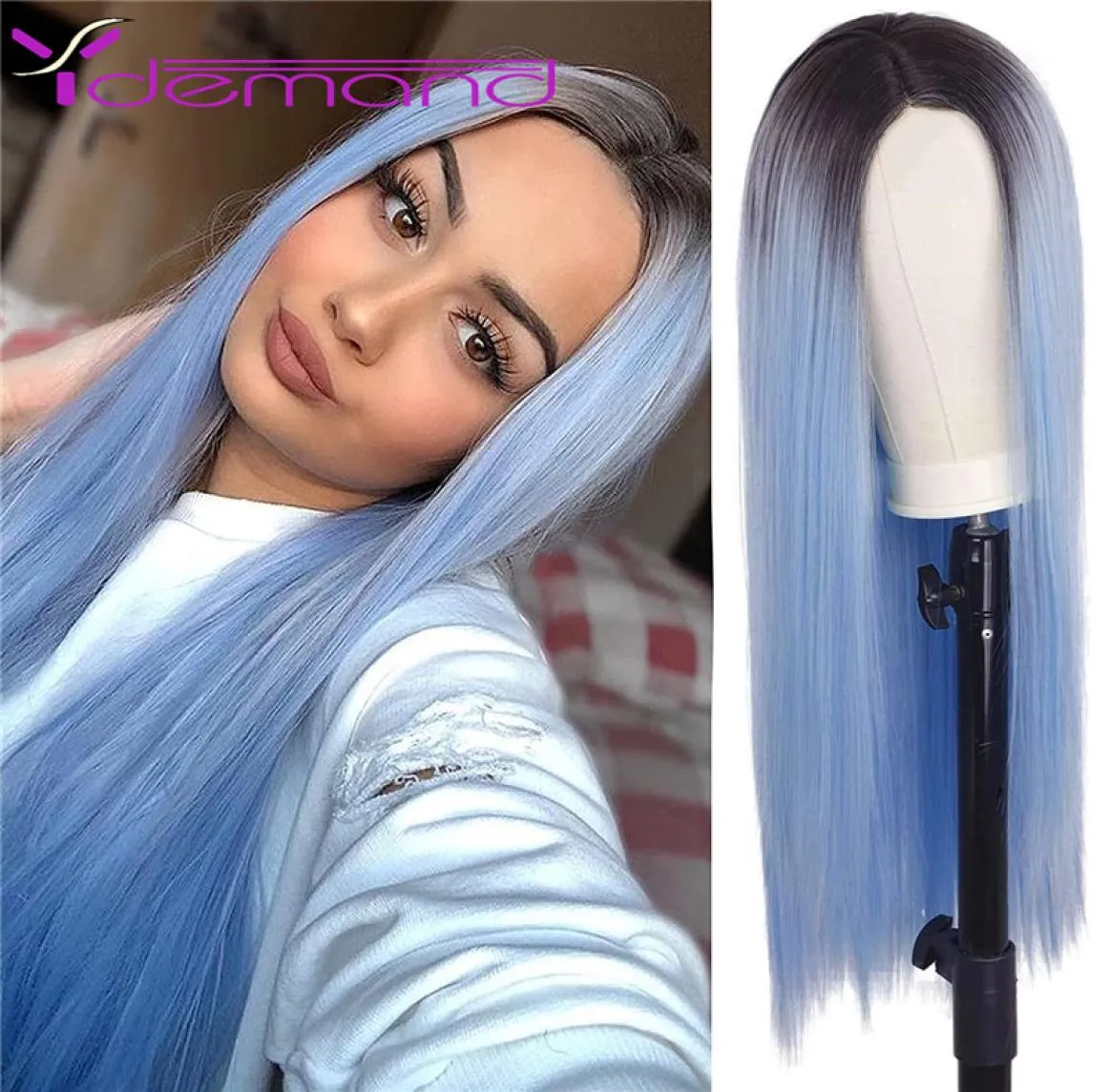 Parrucca cosplay stile unico Parrucca sintetica per capelli lunghi lisci da 24 pollici nera azzurra per ragazze di Halloween2359233