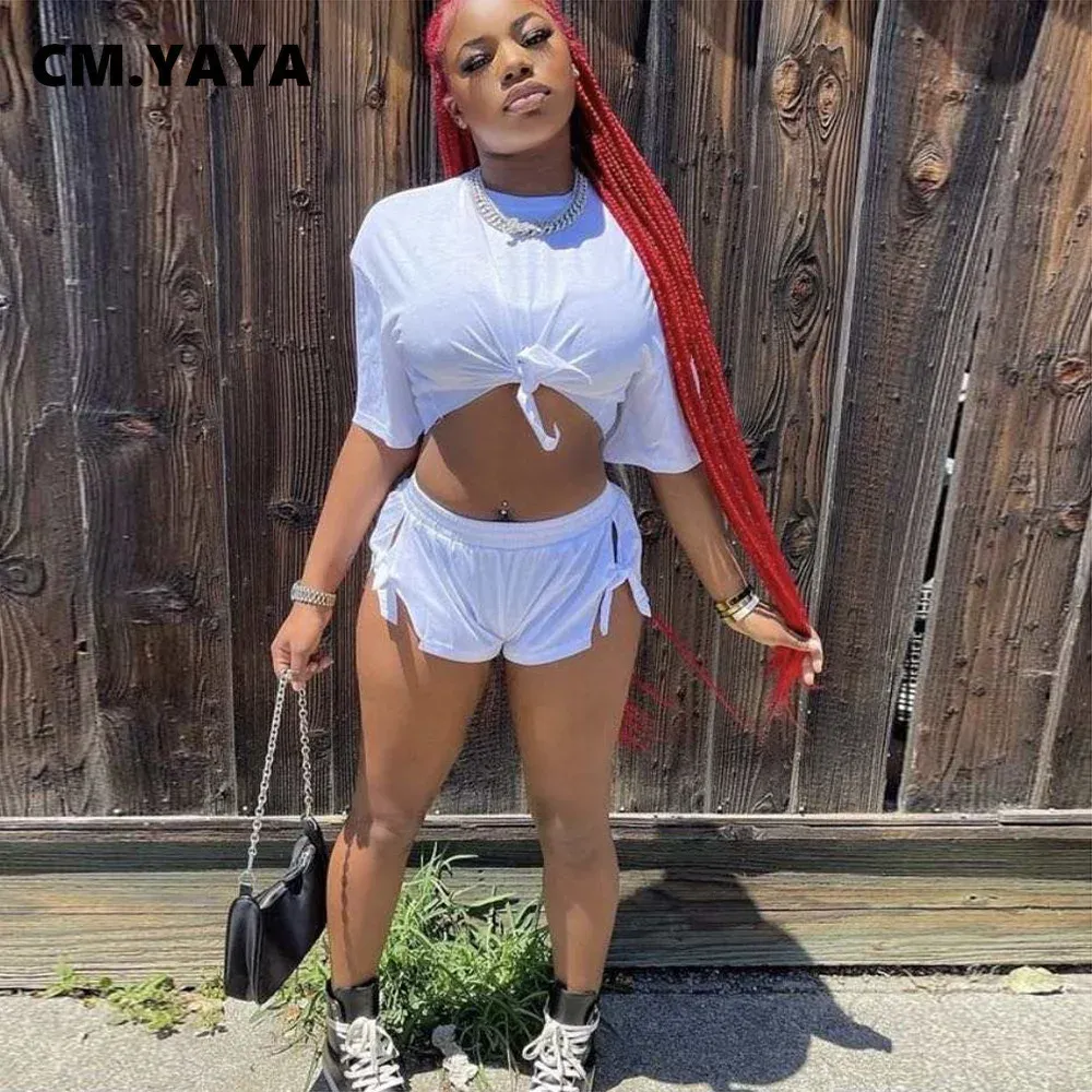 Sets CM.YAYA Workout Women Two 2 Piece Set Outfit Sweatsuit 2022 Tee Top and Tie Side Shorts Matching Set Street White Tracksuit