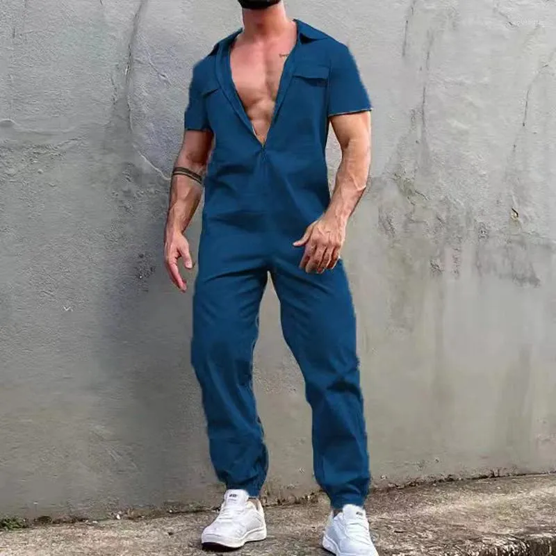 Heren trainingspakken Oldyanup Heren overalls 2024 zomer mode losse revers rits korte mouw jumpsuits vintage cargo broek romper streetwear