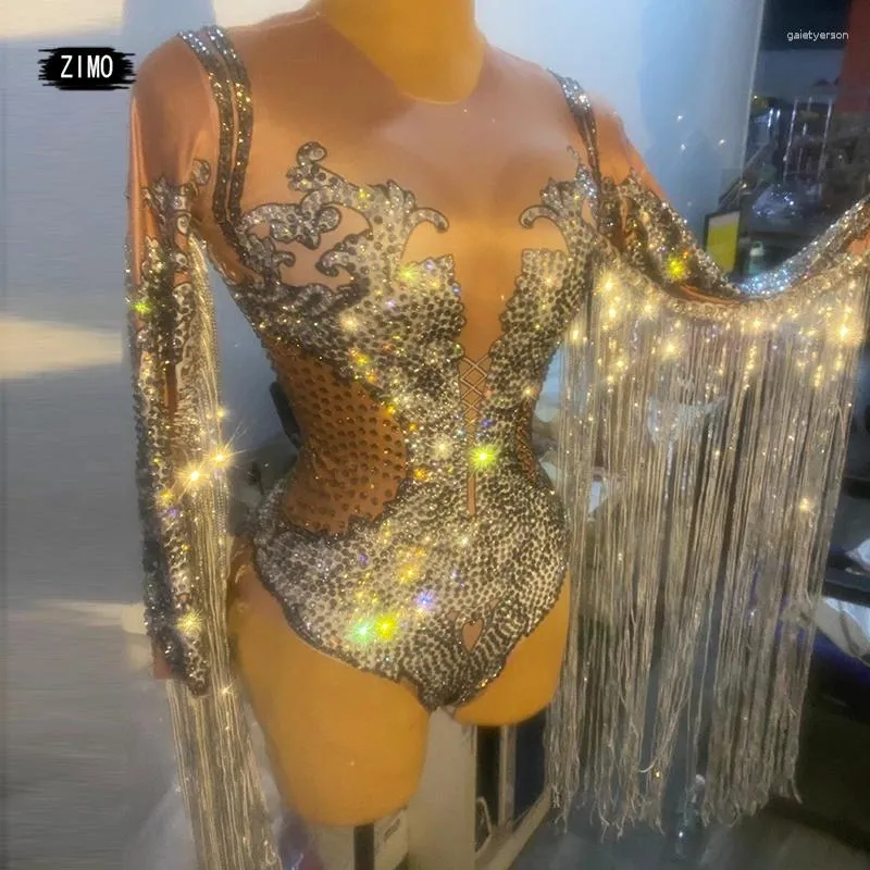 Stadiumkleding Sparkly zilveren strass pailletten kwastje partij bodysuit vrouwen dans franjes jumpsuit club turnpakje zanger festival outfit