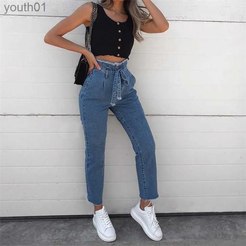 Women's Jeans High Waisted Jeans Deckle Edge Waist Strap Jeans Pants Women Jeans High Rise Pants Women Clothes Valentine Gift Drop Shipping 240304