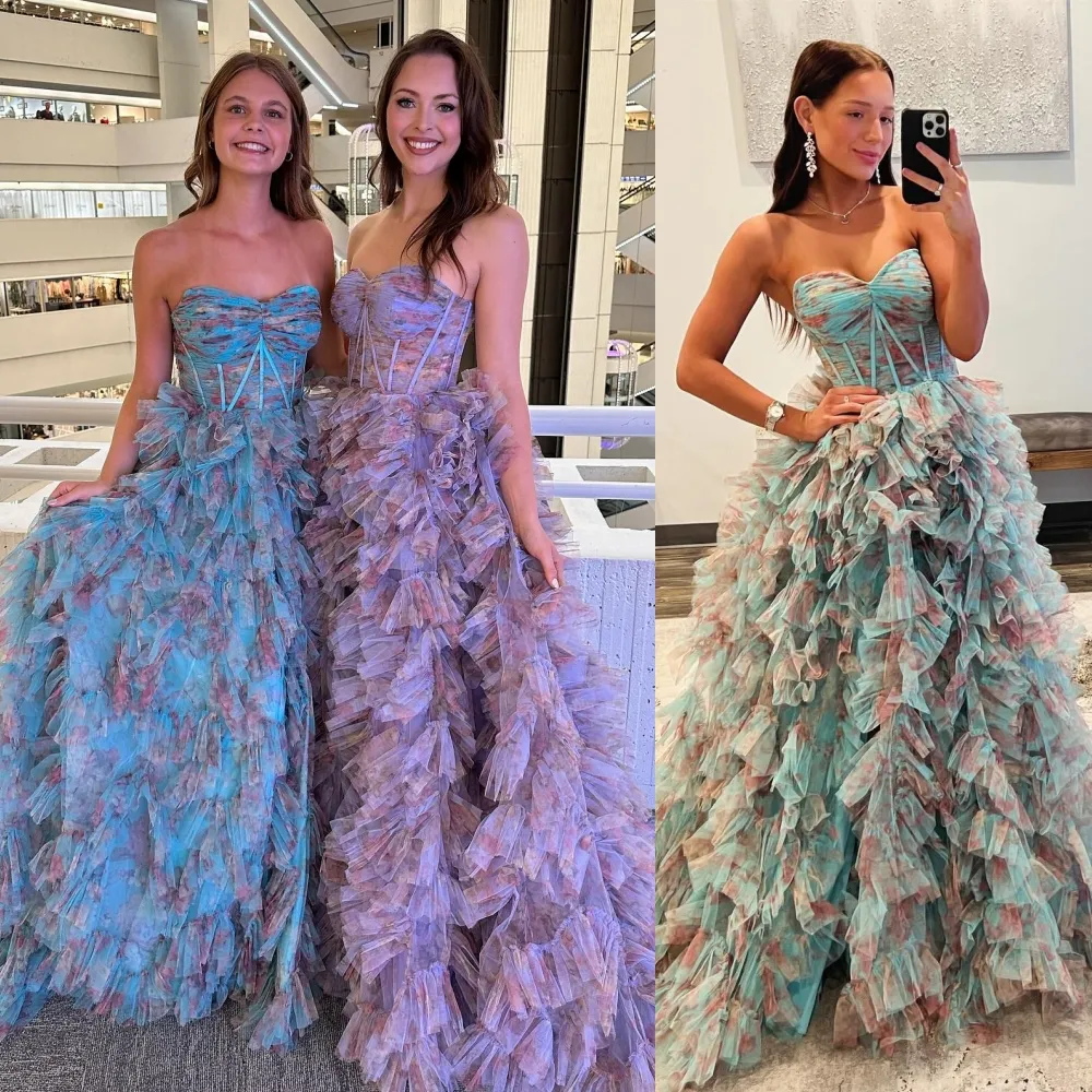 Printed Floral Prom Dress Sweetheart Fitted Bodice Layered Ruffled Lady Pageant Winter Formal Evening Gown Special Occasion Gala Wear Lilac Aqua Dreamsicle Multi
