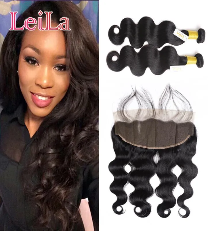 Peruano 2 Pacotes Com 13 X 4 Lace Frontal 3pcsset Onda Do Corpo Pacotes com Orelha A Orelha 13 X 4 Lace Frontal Tramas de Cabelo Humano Com C3484415