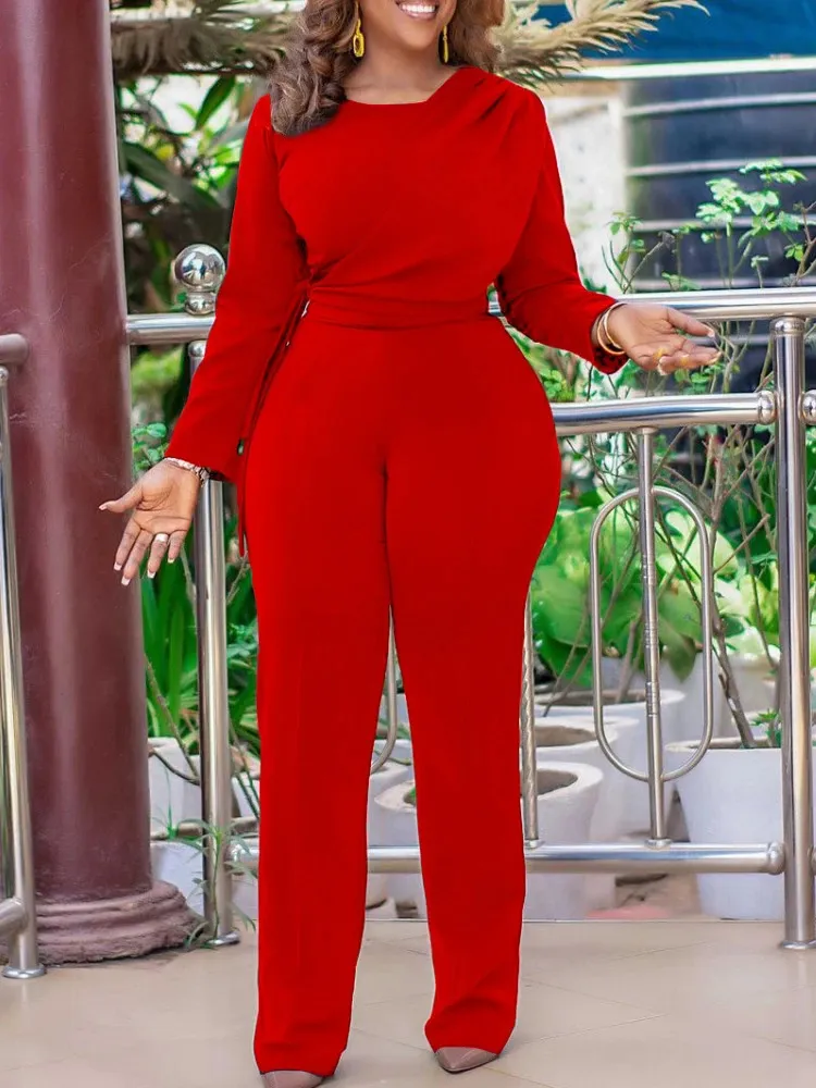 Women Jumpsuit Long Sleeve High Waist Slim Fit Ladies Overalls Red African Elegant Classy Big Size Rompers Autumn 240304