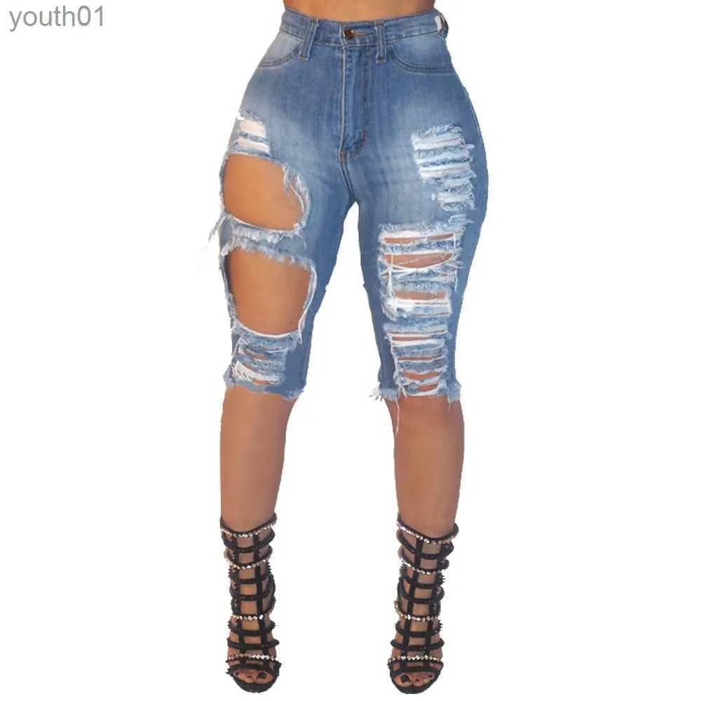 Jean femme Sexy Skinny trou Shorts jean Denim pantalon Denim droit slim jean court bleu clair S-2XL 240304