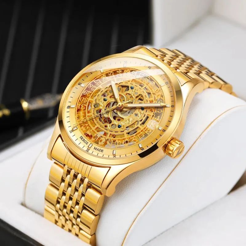 Наручные часы SKROX Золотые полые механические автоматические часы Светящийся твердый корпус из нержавеющей стали с пряжкой-бабочкой ремешок для часов