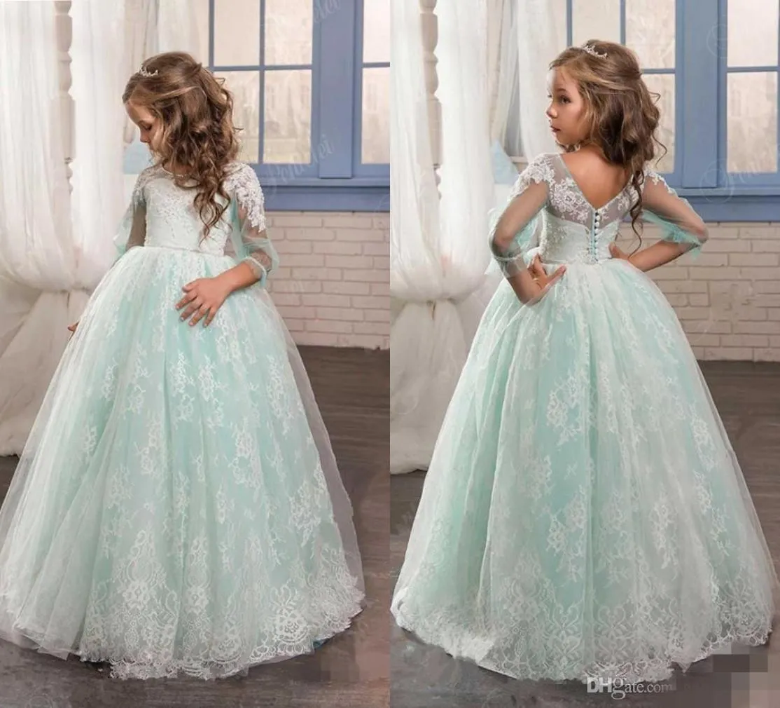 Romantico abito da ragazza di fiore verde menta per matrimoni Tulle con pizzo aperto sul retro Abito da ballo abiti da prima comunione per ragazze4611135