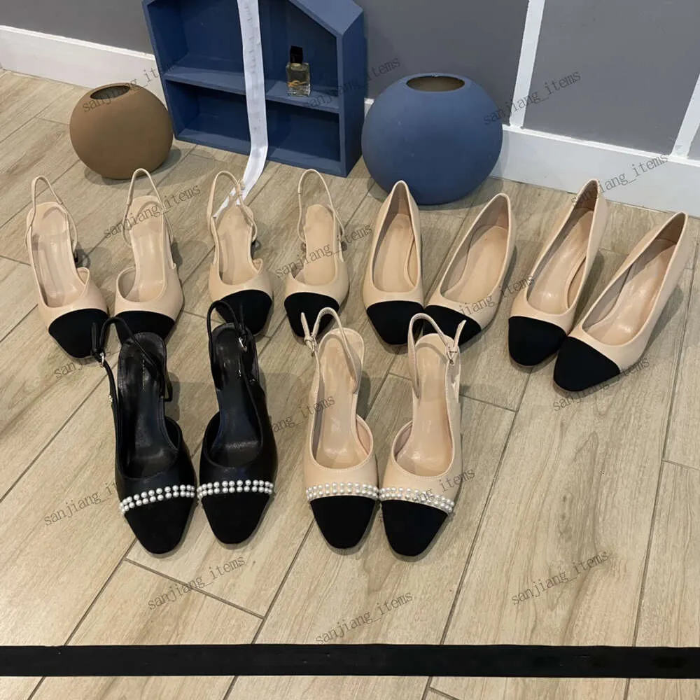 2024 primavera estate slingback Camoscio nero punta punta sandalo in pelle beige blocco tacchi alti diapositive punta balletto piatto mary jane pompe nude perla vestito da partito scarpa