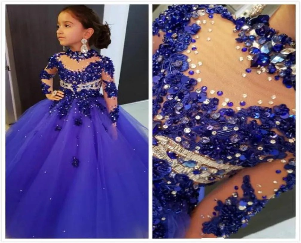 High Neck Flower Girl Dresses For Weddings Långärmad Royal Blue Beads Girls Pageant Dresses Golvlängd Kids Birthday Communion3951515