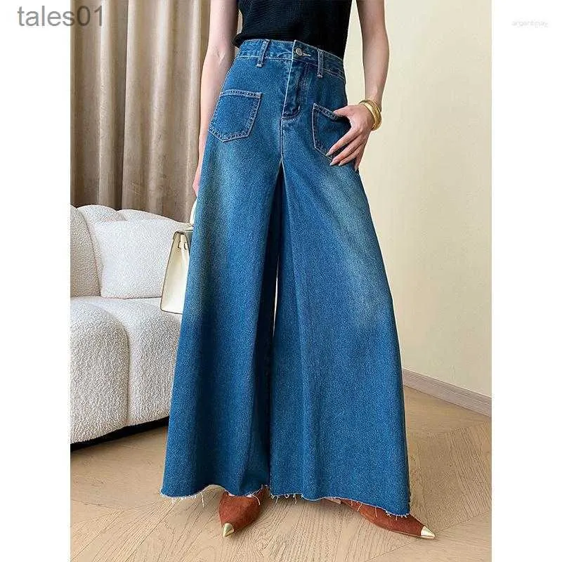 Kadınlar kot pantolon bel geniş bacak palazzo denim pantolon şık sonbahar kış 240304