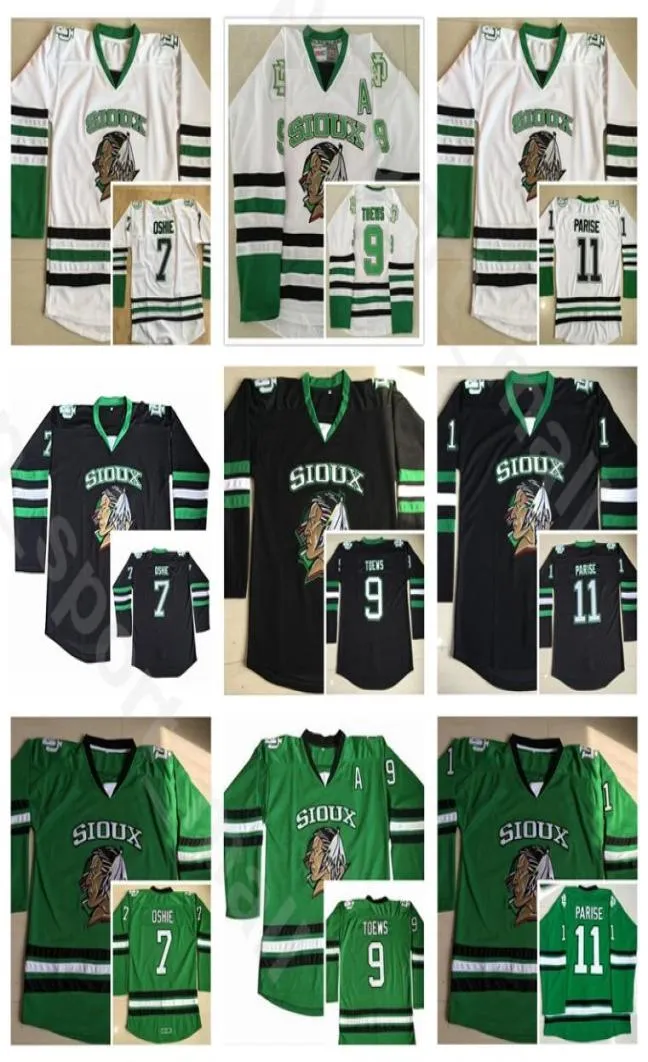 Maglia da uomo vintage College 11 Zach Parise North Dakota Fighting Sioux Ice Hockey 7 TJ Oshie 9 Jonathan Toews Nero Verde Bianco Hom3910220