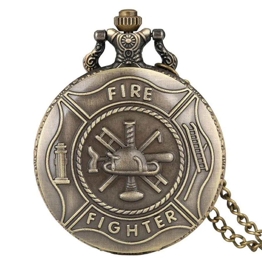 البرونز الكلاسيكي مقاتل Fire Fireman Hero التناظرية كوارتز جيب ساعة سلسلة لقلادة للرجال هدية RELOJ DE BOLSILLO2678