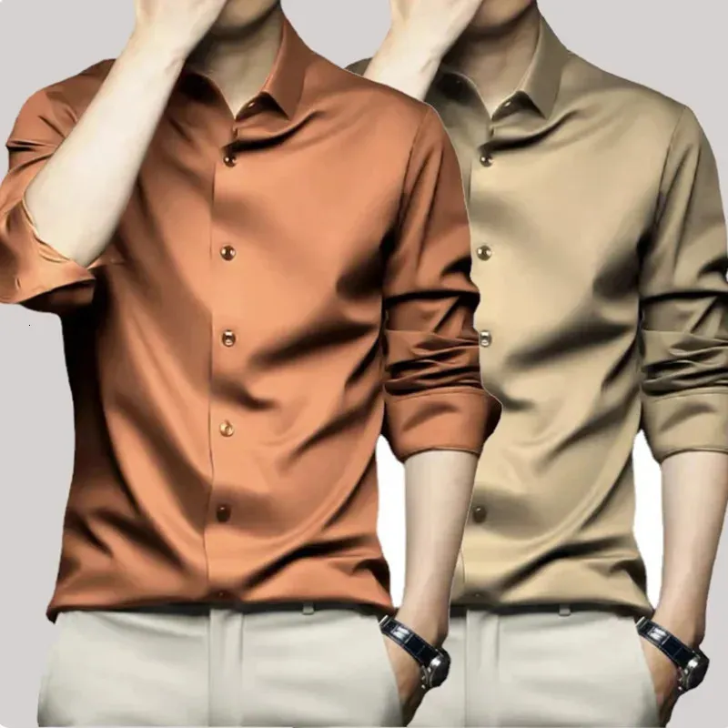 Camicia a maniche lunghe da uomo arancione di alta qualità Camicia elegante casual da lavoro solida resistente alle rughe di lusso S-5XL 240304