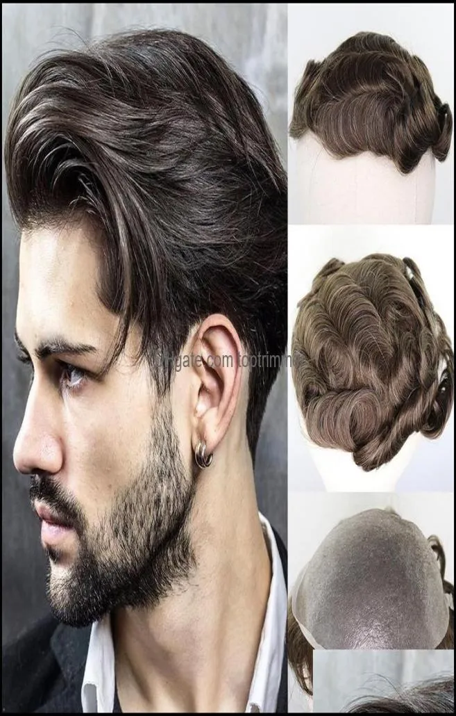 Syntetiska peruker hårprodukter män brun blandad grå remy mänsklig 610 markera hud pu tunt ersättningssystem hårstycken man toupee245141425