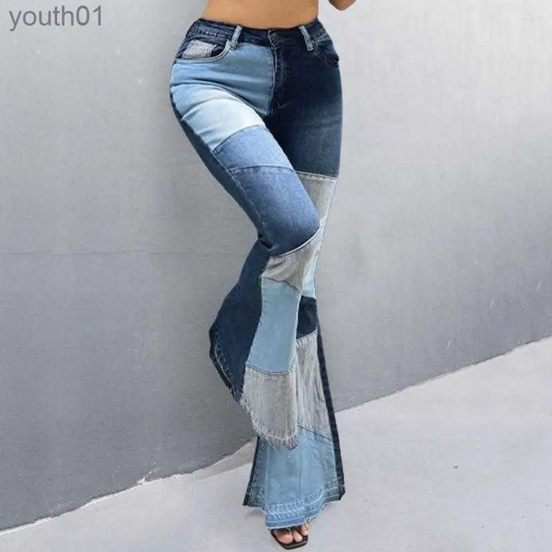 Jeans femininos mulheres jeans cintura alta bolsos botão voar mulheres cor bloco perna larga flare denim calças roupas diárias 240304