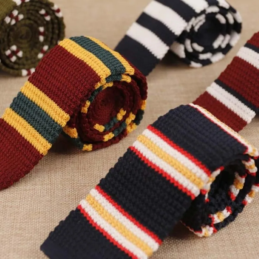 Linbaiway 5 cm Sknniy cravates pour hommes tricoté tête plate tricoté rayé cravate mince cravates pour mariage formel cravate personnalisé LOGO2274