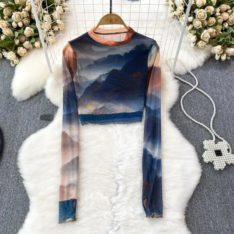 Camicette da donna Vintage Tie Dye Garza Maglietta trasparente Casual Slim Sexy Maglietta a maniche lunghe Chic T-shirt sottili Donna Streetwear Moda Crop Top