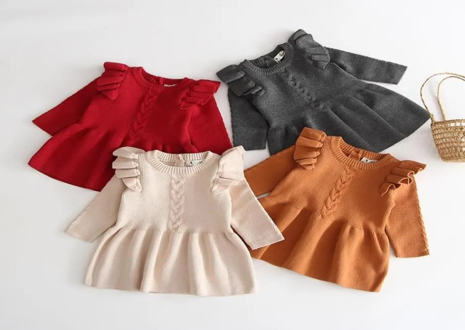 Noël bébé filles rouge robes à tricoter automne hiver enfants à volants manches volantes vêtements tricotés enfants pull robe plissée A50663436736