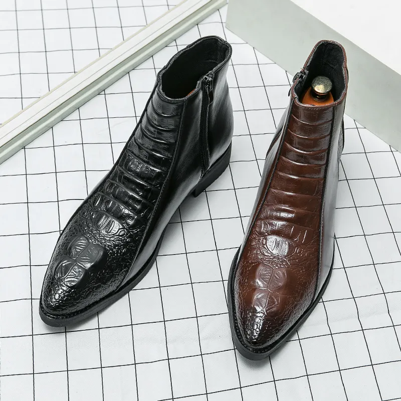 Designer New Men's Pointed Alligator Pattern Dxhetskor Botor Frostad trend Casual Luxury Fashion High-Top Chelsea Ankle Boots
