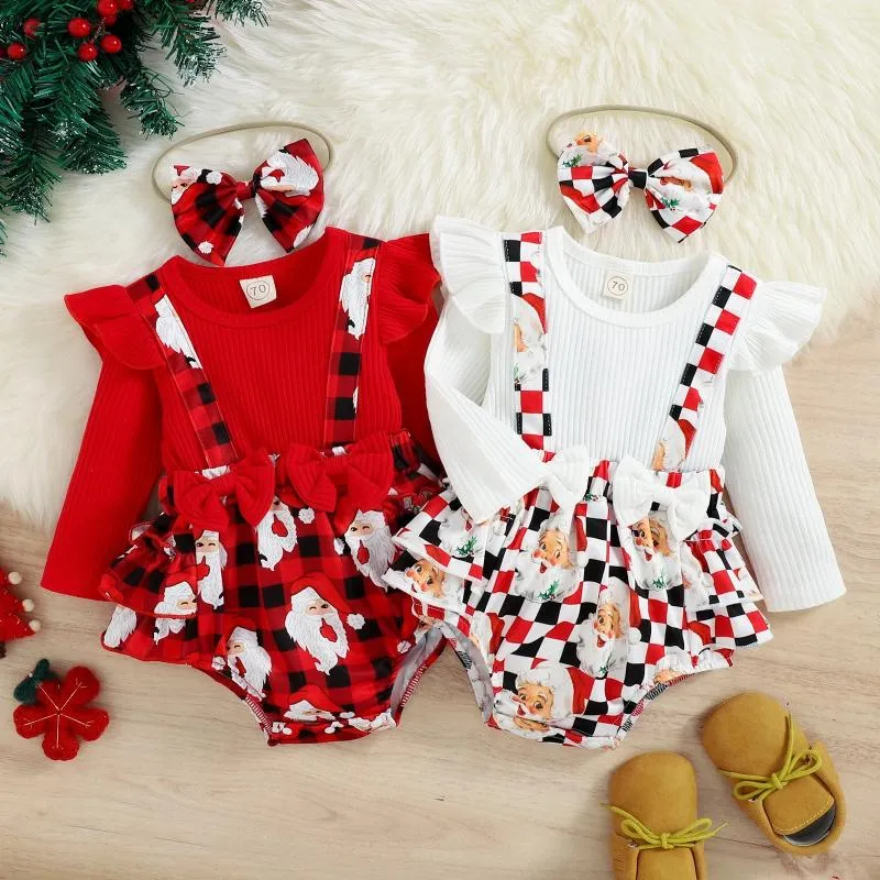 Set di abbigliamento Pagliaccetto natalizio per bambine con volant a maniche lunghe scozzese Stampe di Babbo Natale Bowknot Tute nate Fasce per capelli Set regalo di Natale