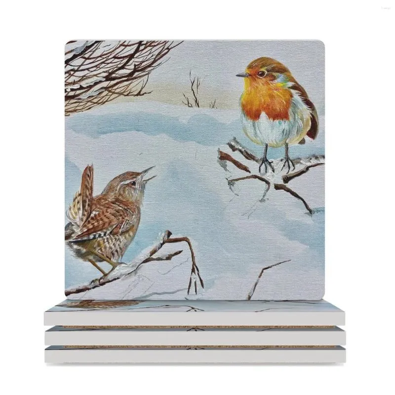 Placemats Robin en Wren keramische onderzetters (vierkant) wit voor de keukenaccessoires Funny Drinks Aesthetic