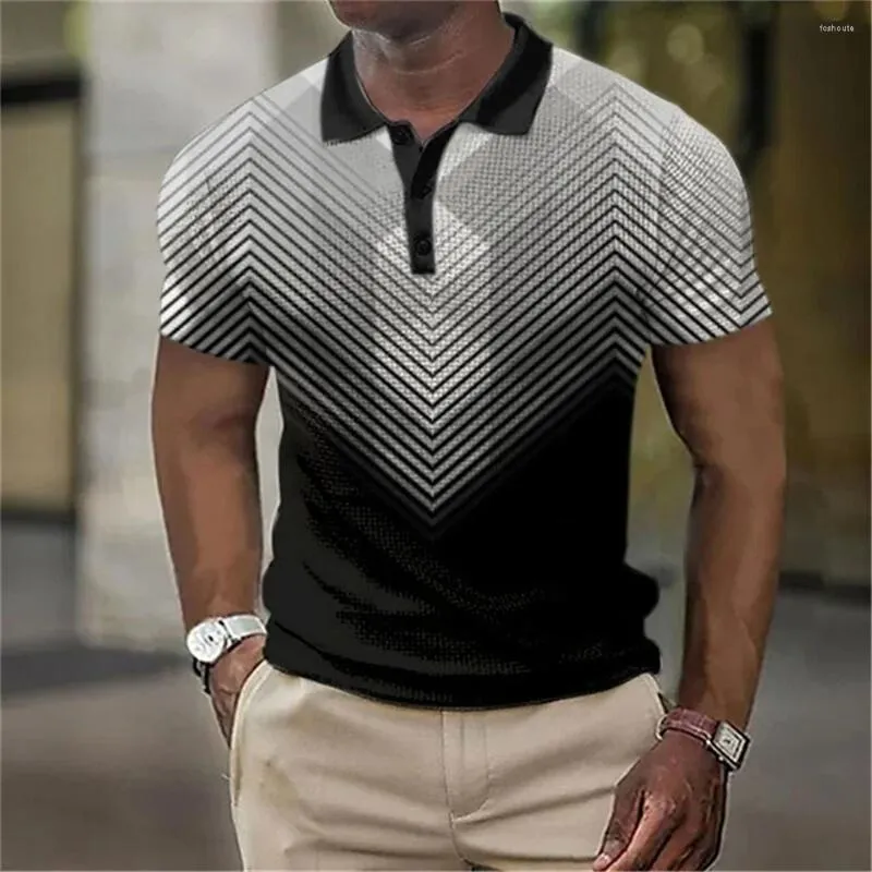 Men's Polos Fashion Men Polo Shirt Stripe Patchwork Printing Clothing Summer Casual Short Sleeve Loose Oversize Street Top Tee