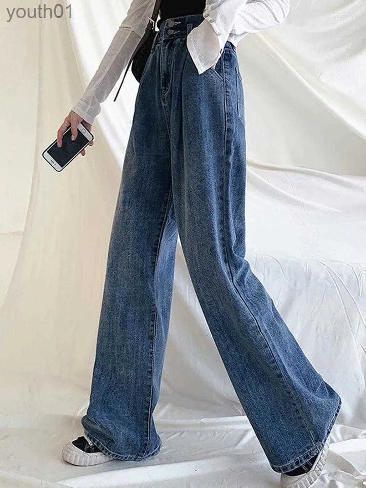 Jeans femininos mulheres jeans solto perna larga mulheres femme plus size calças de perna reta cintura alta calças vintage inverno 240304