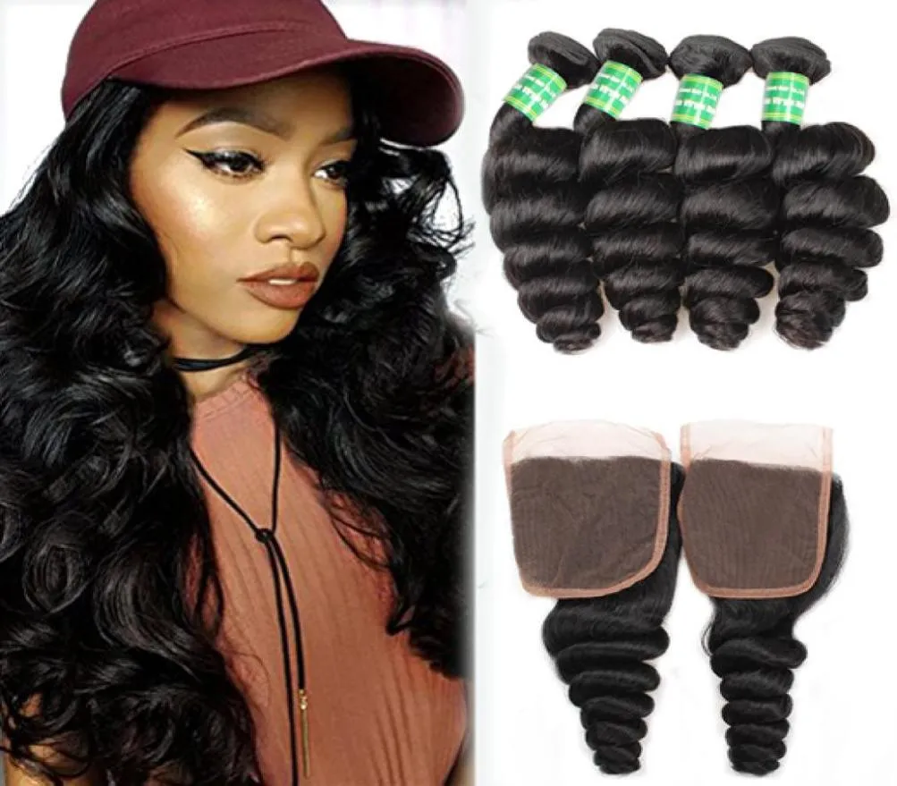 Los golvend Braziliaans menselijk haar 4 bundels met sluiting Goedkope Braziliaanse Virgin Hair Extensions Losse golfbundels met 4x4 kant Clo4367528