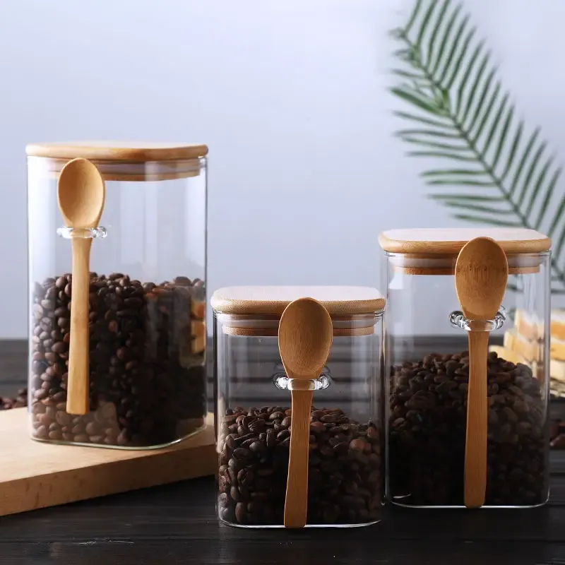 Outils Pot de stockage scellé en verre carré transparent avec cuillère en bois Boîte d'assaisonnement Boîtes de grains de café Boîtes de thé en poudre de lait domestique Nouveau