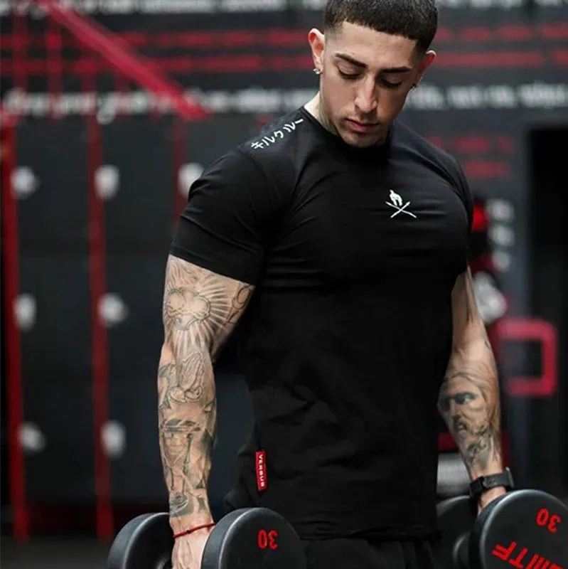 Homens camisetas moda verão musculação carta impressa tshirt homens ginásio fitness treino o-pescoço mostrar músculo 240304