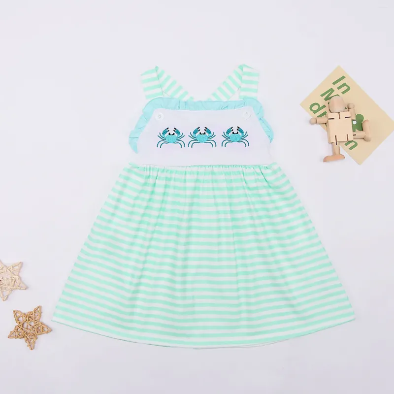 Clothing Sets 2024 Baby Girls 1-8T Dress Green One Piece Crab Embroidery Clothes Lace Bodysuit Sweet Skirt Bluey Stripes Outfits Toddler