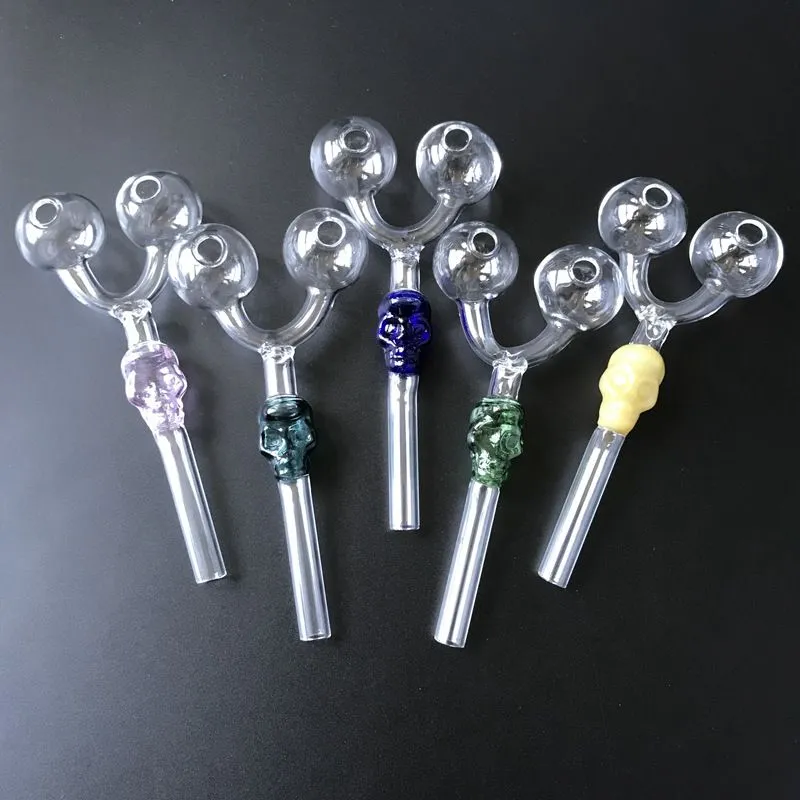 Double Skull Glass Pipes Two Head Glass Pyrex Oil Burner Pipes Colorful Smoking Tobacco Pipes SW29