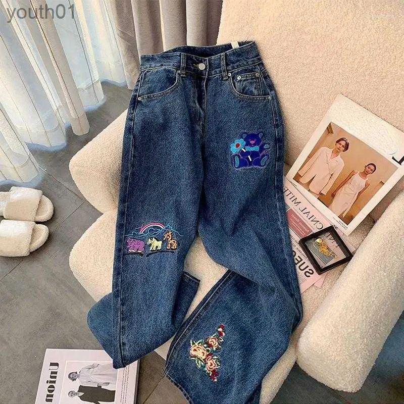 Jeans Femme Femmes Jeans Japon Style Lâche Ours Broderie Femmes Taille Haute Vintage Denim Pantalon Cheville-Longueur Baggy Jambe Large Chic Pantalon Y2k 240304